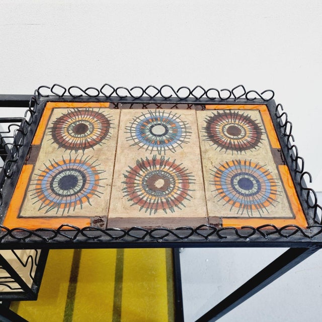 Vintage Mid-Century Wrought Iron Bar Cart with Ceramic Tile Top, 1960s For Sale - Image 10 of 11