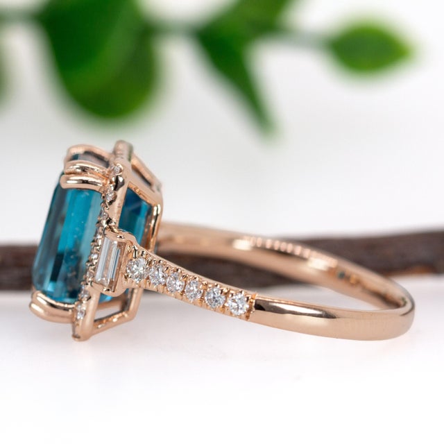 2020s 6.7cts Blue Zircon Ring W Earth Mined Diamonds in 14k Rose Gold | Em 9.5x7mm, Size 6.75 For Sale - Image 5 of 7