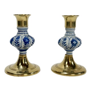 Vintage Delft Style Porcelain and Brass Candlestick Holder Pair For Sale