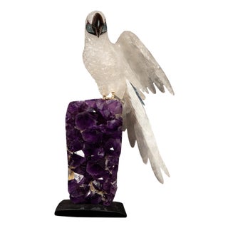 Carved Rock Crystal Parrot Mounted on an Amethyst Cluster 13"H For Sale