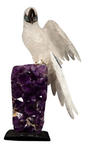 Carved Rock Crystal Parrot Mounted on an Amethyst Cluster 13"H