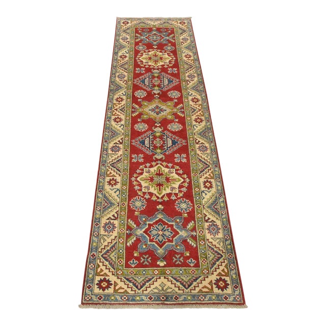 Kazak Runner 2’10” X 9’3” Red Wool Tribal Hand-Knotted Oriental Rug For Sale