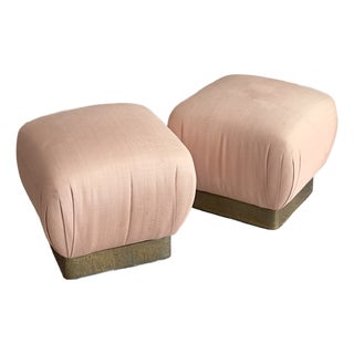 Blush-Upholstered Brass-Based Soufflé Ottoman Poufs by Marge Carson Circa 1986 - A Pair For Sale