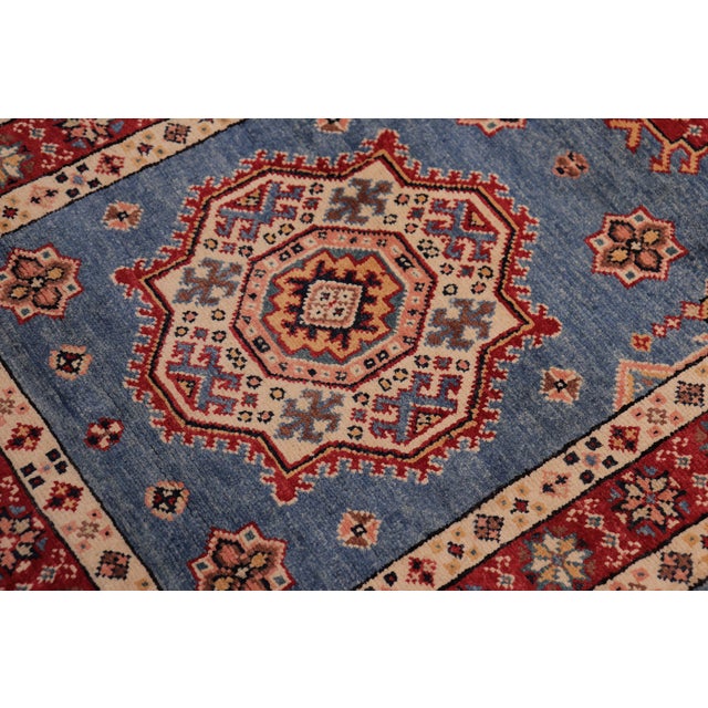 Shabby Chic Rustic Super Kazak Light Blue/Red Wool Runner Rug- 2'5'' X 9'9'' For Sale - Image 3 of 10