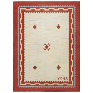 Doris Leslie Blau Swedish Mid-Century Beige With Brick Red Flatweave Carpet For Sale