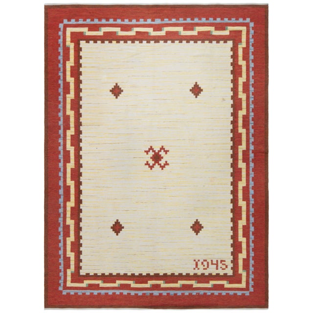 Doris Leslie Blau Swedish Mid-Century Beige With Brick Red Flatweave Carpet For Sale