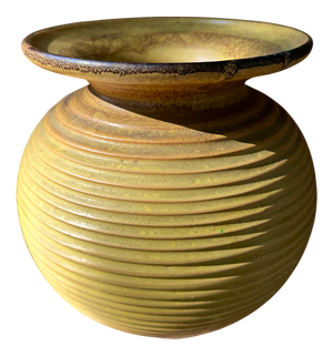 Art Deco Ceramic Vase attributed to Carstens Uffrecht with Ribbed Decor in Ochre Yellow, Germany 1930s