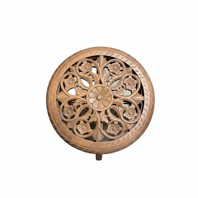 1990s Victorian Style Fretwork Carved 18" Round Solid Wood End Tables - Set of 2 For Sale - Image 5 of 6