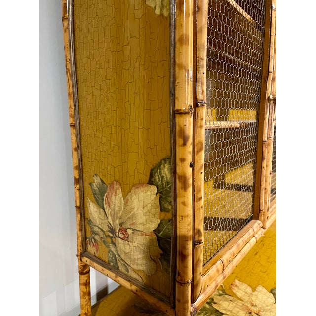 Vintage Tortoiseshell Bamboo Large Floral Decoupage Chinoiserie Display Cabinet For Sale - Image 14 of 15