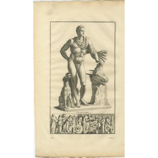 This original early eighteenth-century copper engraving depicts the classical hero Meleager standing beside the head of...