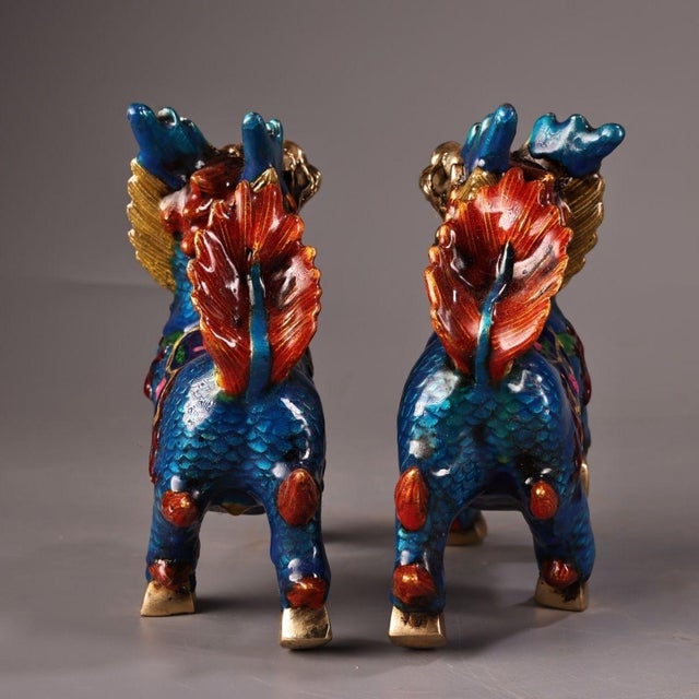 Late 19th Century Late 19th Century Pair of Cloisonné Enamel Qilin Statues, Mythical Beast Figures, 700g Each For Sale - Image 5 of 8