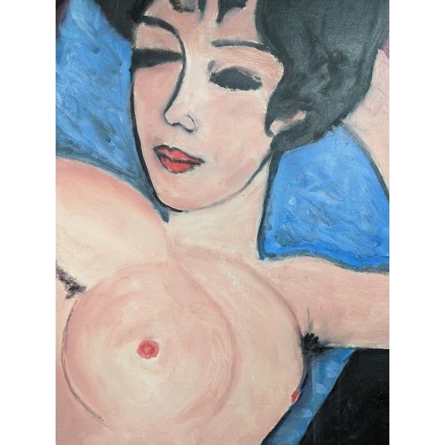Large Modernist Reclining Female Nude Original Oil Painting on Canvas, Mid-20th Century For Sale - Image 10 of 13