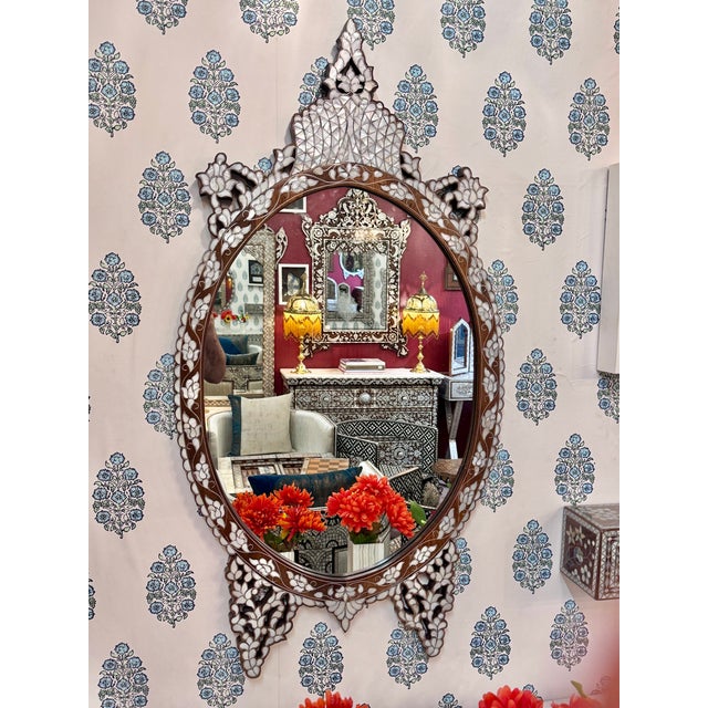 1990s Oval Mother of Pearl Inlaid Ornate Mirror For Sale - Image 5 of 8
