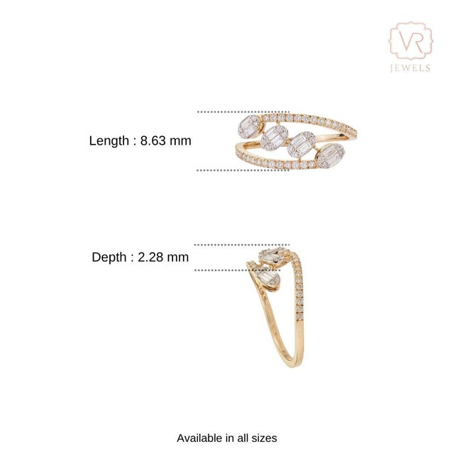 Certified 14k Solid Yellow Gold Baguette & Round Diamond Pave Bypass Ring Size 8 For Sale - Image 11 of 17