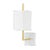 A square shade floats above a square white marble base. The squared-off aged brass or polished nickel arm appears to...
