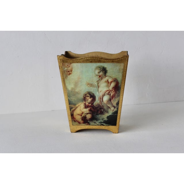 Italian Italian Florentine Gold Gilt Finish Decoupage Cherubs Wastebasket Vintage Mid-Century For Sale - Image 3 of 13