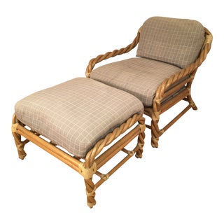 Mid 20th Century McGuire Twisted Rattan Lounge Chair With Ottoman- 2 Pieces For Sale