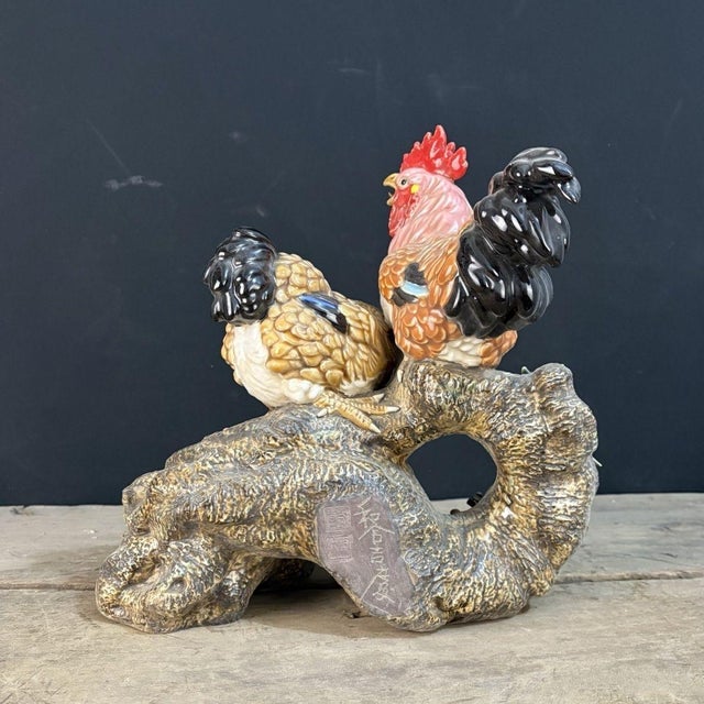 Vintage Shiwan Pottery Rooster & Hen on Plum Branch - 12.5" Tall For Sale - Image 9 of 9
