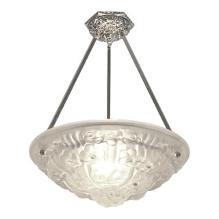 Degue French Art Deco Pendant Light 1930s Floral Glass & Nickeled Bronze - 2 Available For Sale