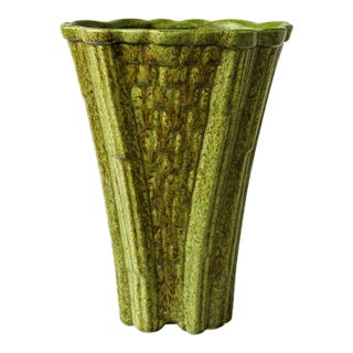 Vintage Textured Green Ceramic Vase – Sculptural Fluted Form With Basketweave Relief Pattern (9” H) For Sale