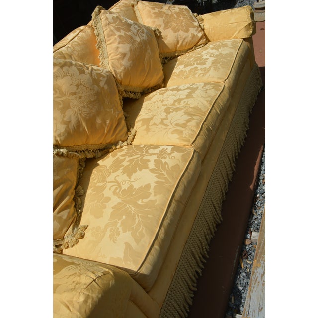 Shabby Chic Sherill Yellow Damask Couch W/ Corded Fringed Skirt & Tasseled Throw Pillows For Sale - Image 3 of 18
