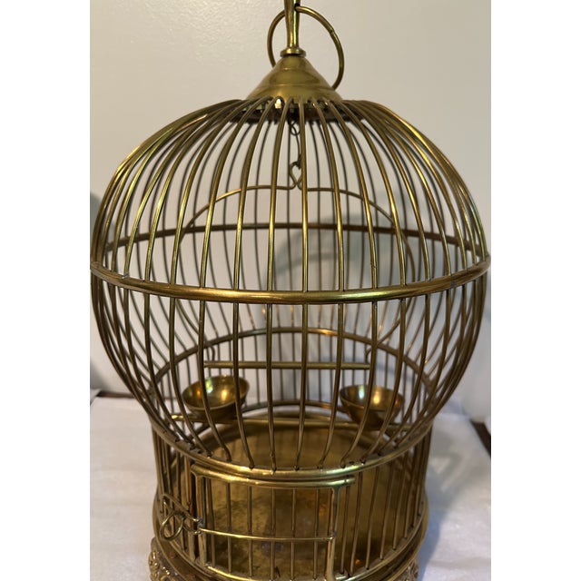 Vintage Large Solid Brass Globe Shaped Hanging BIrd Cage W/Feeding Bowls Large, solid, heavy brass bird cage from the late...