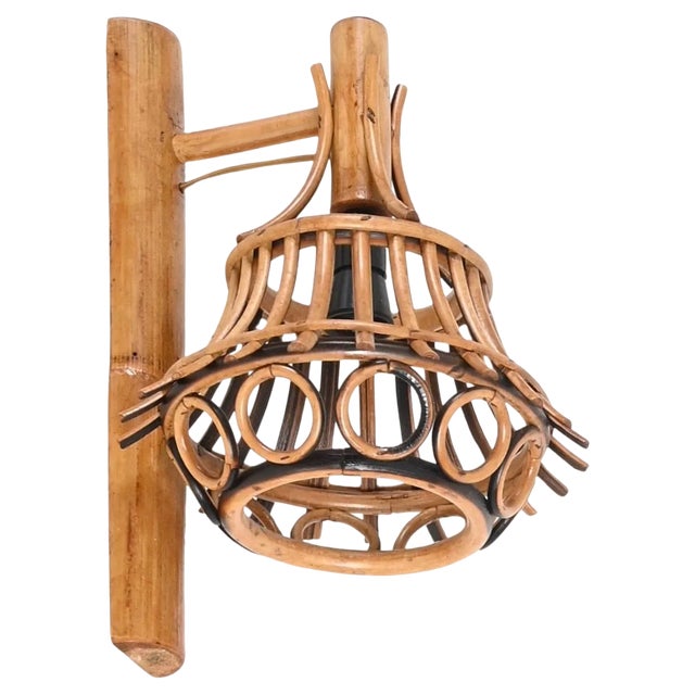 Mid-Century Rattan and Bamboo Lantern Sconce by Louis Sognot, 1960s For Sale