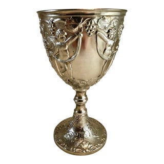Mid 20th Century Silver Plate Loving Cup Goblet Wedding Wine Stem Embossed Cherubs Grapes For Sale