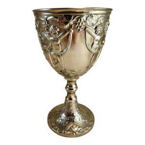 Mid 20th Century Silver Plate Loving Cup Goblet Wedding Wine Stem Embossed Cherubs Grapes