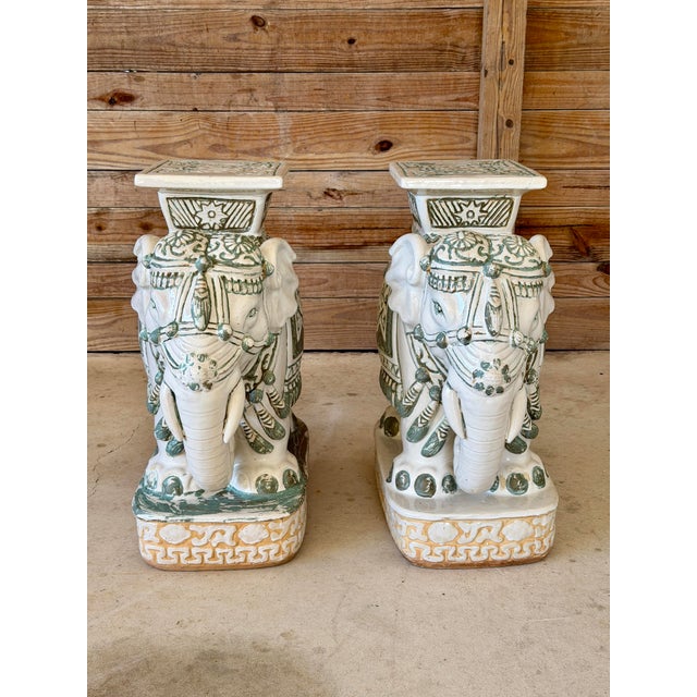 Pair Vintage Chinoiserie Regency Glazed Terracotta Ceramic Elephant Garden Seat Side Tables For Sale - Image 12 of 12