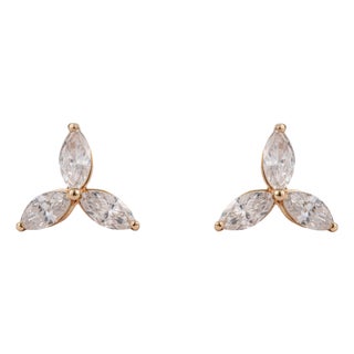 14k Yellow Gold 1ct Marquise Diamond Trio Flower Modern Stud Earrings- A Pair For Sale