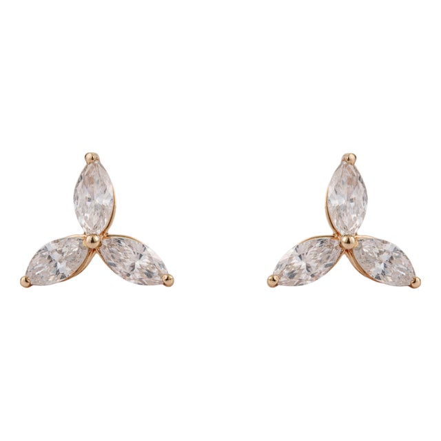 14k Yellow Gold 1ct Marquise Diamond Trio Flower Modern Stud Earrings- A Pair For Sale