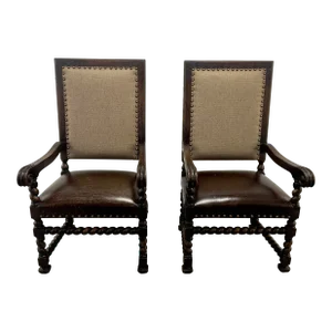 1960s Barley Twist Renaissance Revival Style Leather Arm Throne Chairs - Set of 2