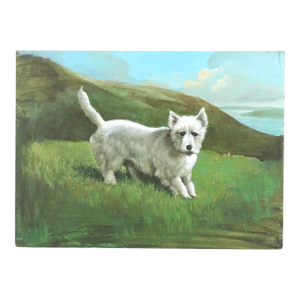 Vintage Oil Painting on Wood Panel – West Highland White Terrier in Scottish Landscape