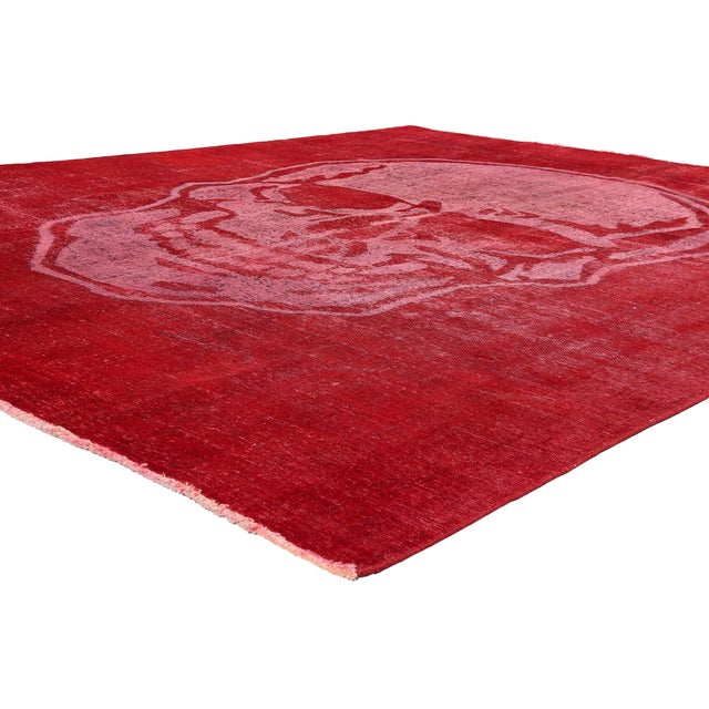 80458 Vintage Red Skull Overdyed Rug, 09'02 x 11'10. The Crimson Rebellion: A Vintage Overdyed Skull Rug of Avant-Garde...