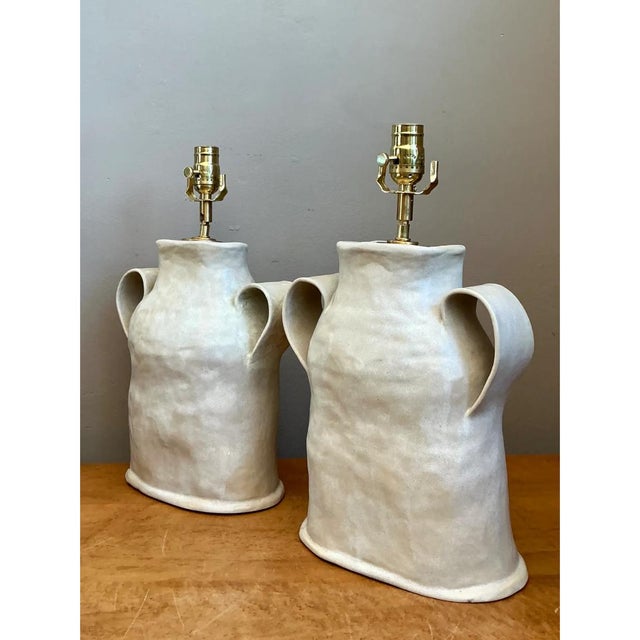 Ceramic Vintage Biomorphic Double Handled Studio Pottery Lamps - a Pair For Sale - Image 7 of 12