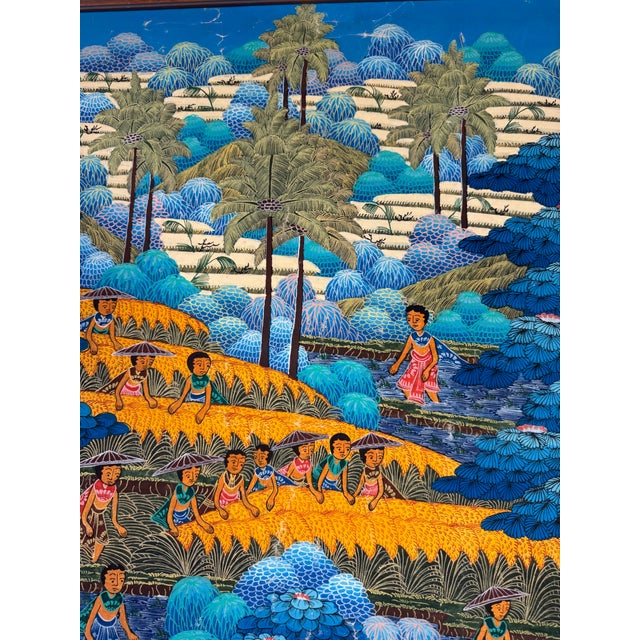 Abstract 1970’s Vintage Penestanan Kelod Bali Folk Art - Rice Harvest Scene Oil on Canvas Painting For Sale - Image 3 of 10