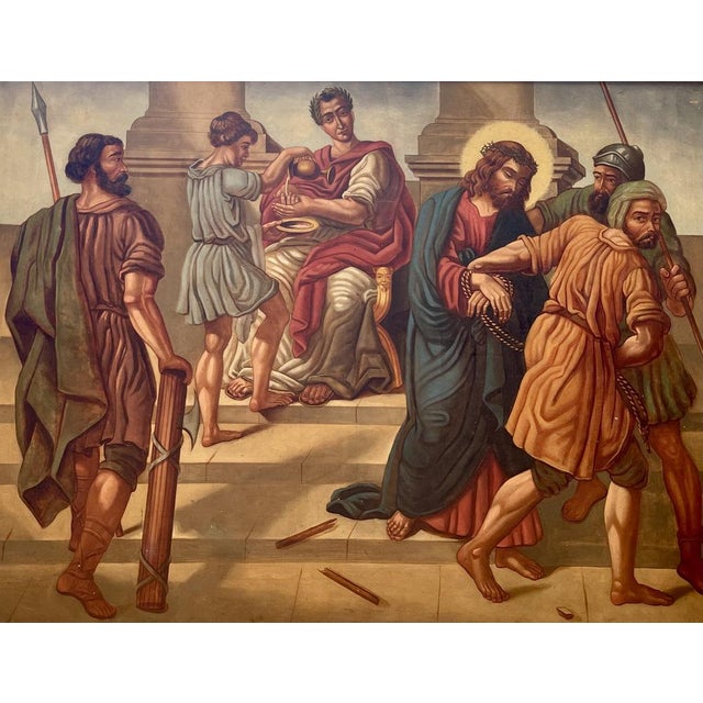 This magnificent 19th-century painting depicts the first act of Christianity's Stations of the Cross: the Judgment of...