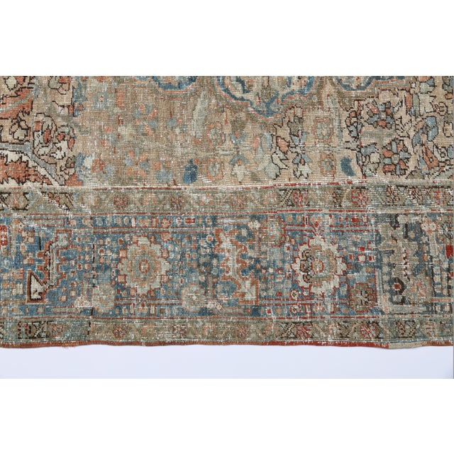 Sky Blue Antique Distressed Heriz Rug – Handwoven Wool on Cotton, Faded Blue & Terracotta Medallion Carpet -7' 11'' X 11' 2'' For Sale - Image 8 of 11