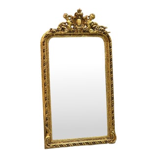 Grand French Rococo Gilt Mirror With Cherub Crest & Ornate Gold Leaf Frame For Sale