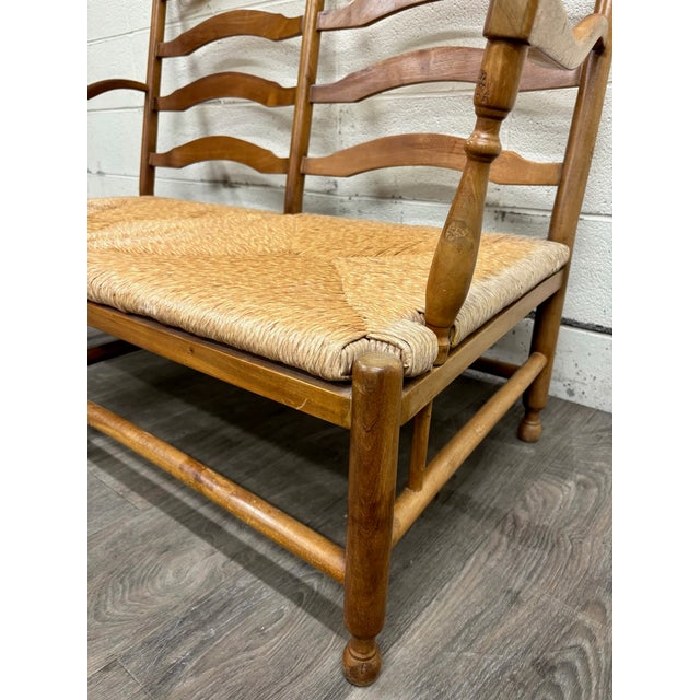 Vintage Country French Double Seat Ladder Back Rush Seat Bench Loveseat Settee For Sale In Kansas City - Image 6 of 16