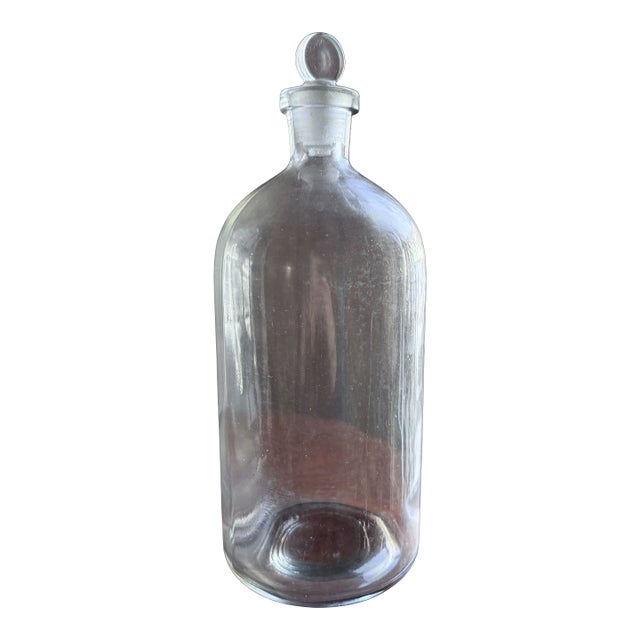 Mid-20th Century Laboratory Reagent Bottle With Ground Glass Stopper Narrow Mouth Apothecary Glass Vessel For Sale