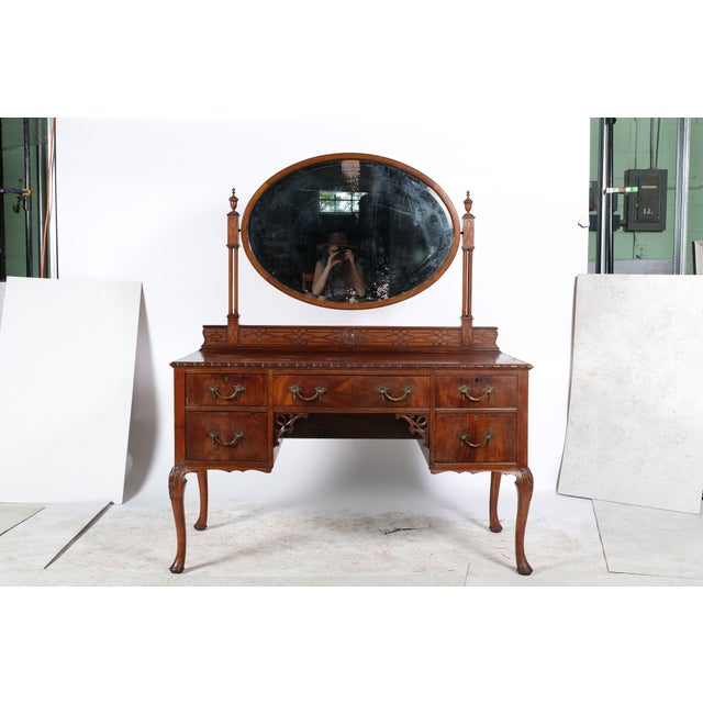 Queen Anne Mahogany Inlay Vanity With Mirror and Secret Compartments