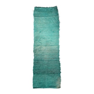 Late 20th Century Handmade Contemporary Teal Shaggy Fur Runner Rug – Plush Texture With Gradient Depth Hallway Rug - 2' X 6' 11'' For Sale