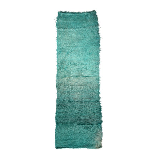 Late 20th Century Handmade Contemporary Teal Shaggy Fur Runner Rug – Plush Texture With Gradient Depth Hallway Rug - 2' X 6' 11'' For Sale