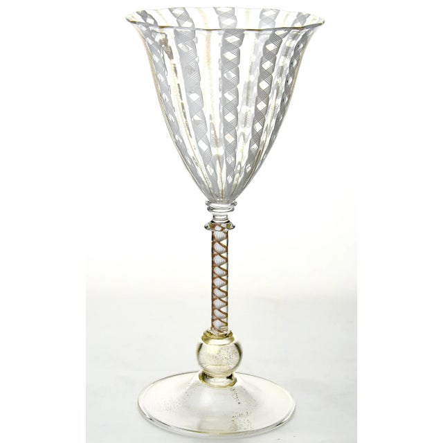 Twelve magnificent zanfirico Venetian goblets that are hand blown by the challenging method and art form of fusing and...
