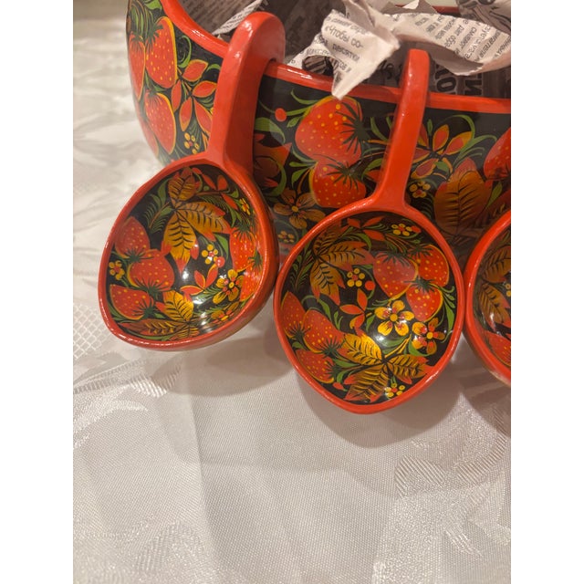 1990s Vintage Russian Khokhloma Hand-Painted Wooden Duck Punch Bowl With 8 Spoons. For Sale - Image 5 of 7