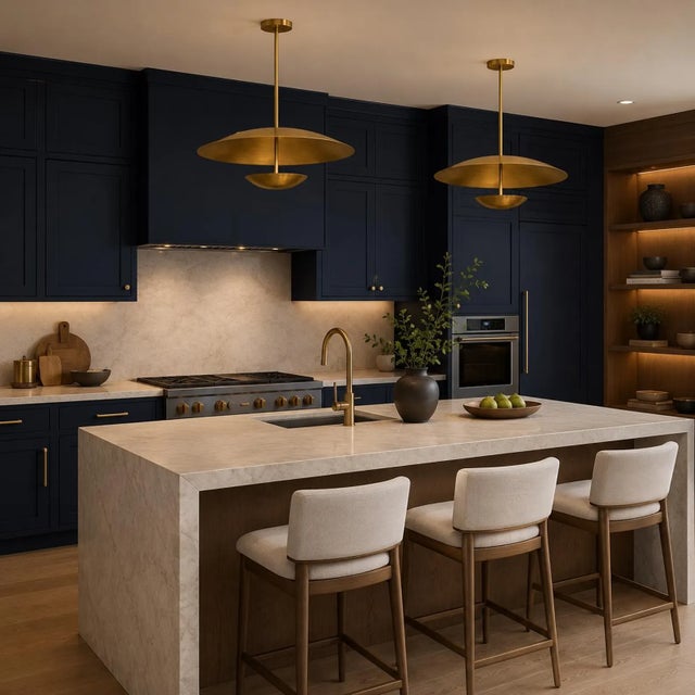 Defined by its clean architectural form, this handcrafted pendant light features a broad circular brass disc suspended...