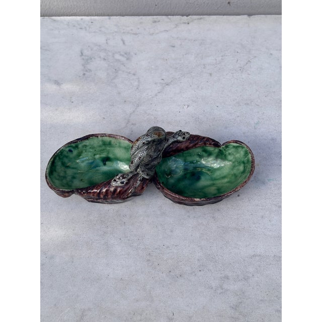 Rare French Majolica Palissy Snake Salt Cellar Pot Thomas Sergent. H / 3 inches ,7 by 2.5 inches.