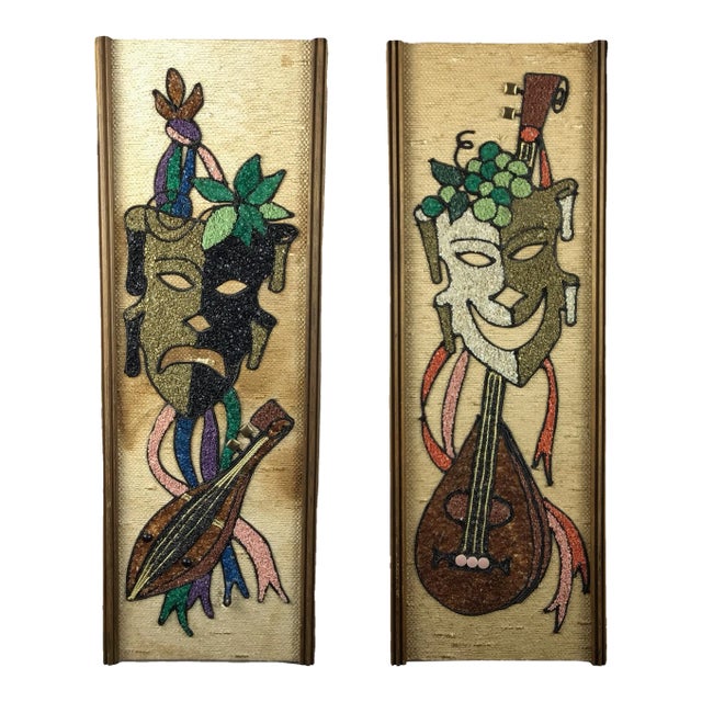 Mid Century Stone-Art Comedy Tragedy Drama Mask Theater Happy Sad Face For Sale